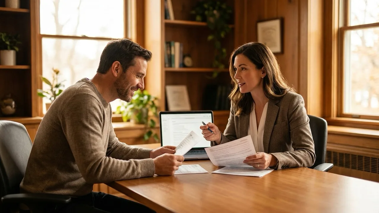 A tax preparer explaining a return to a client across a conference table