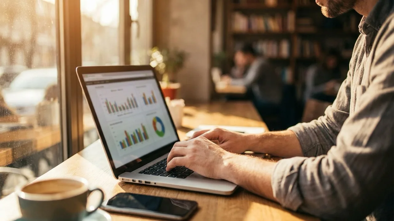 A digital marketer building a paid ad campaign on a laptop with analytics dashboards on screen