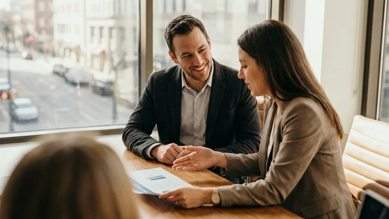 An account manager presenting a monthly performance report to a client across a conference table
