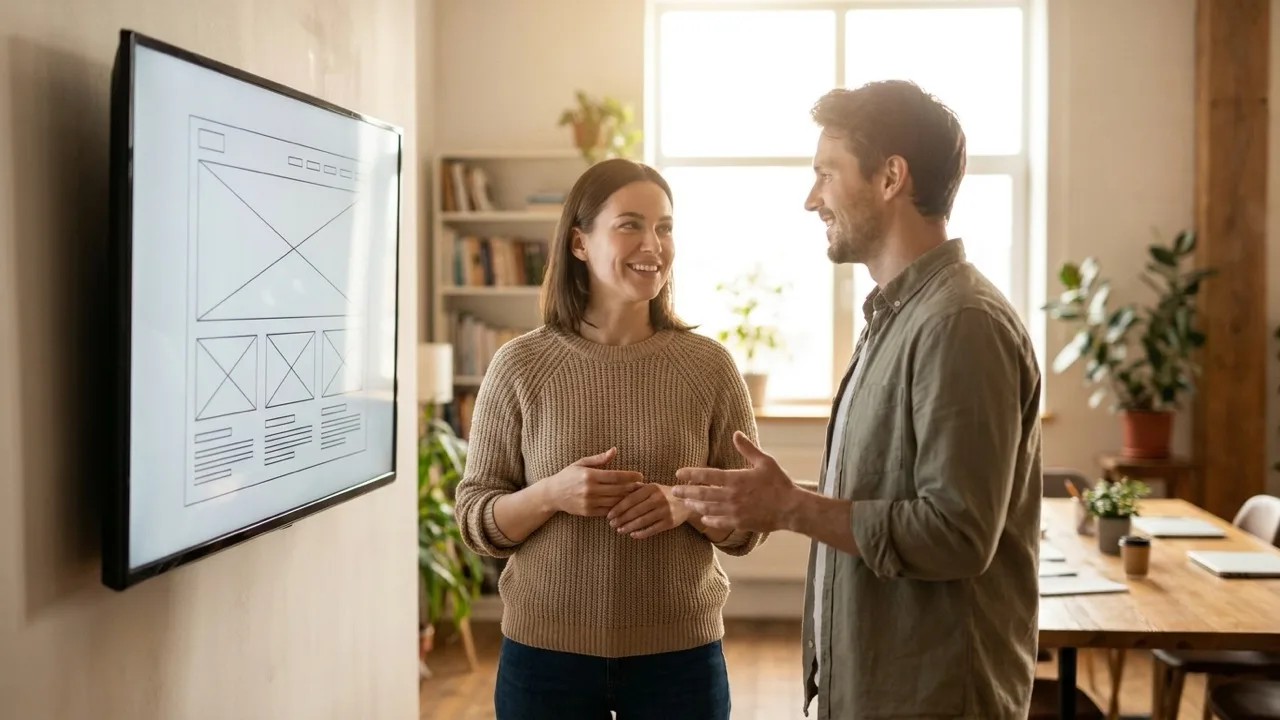 A content strategist and designer reviewing a client's website mockup on a wall-mounted display