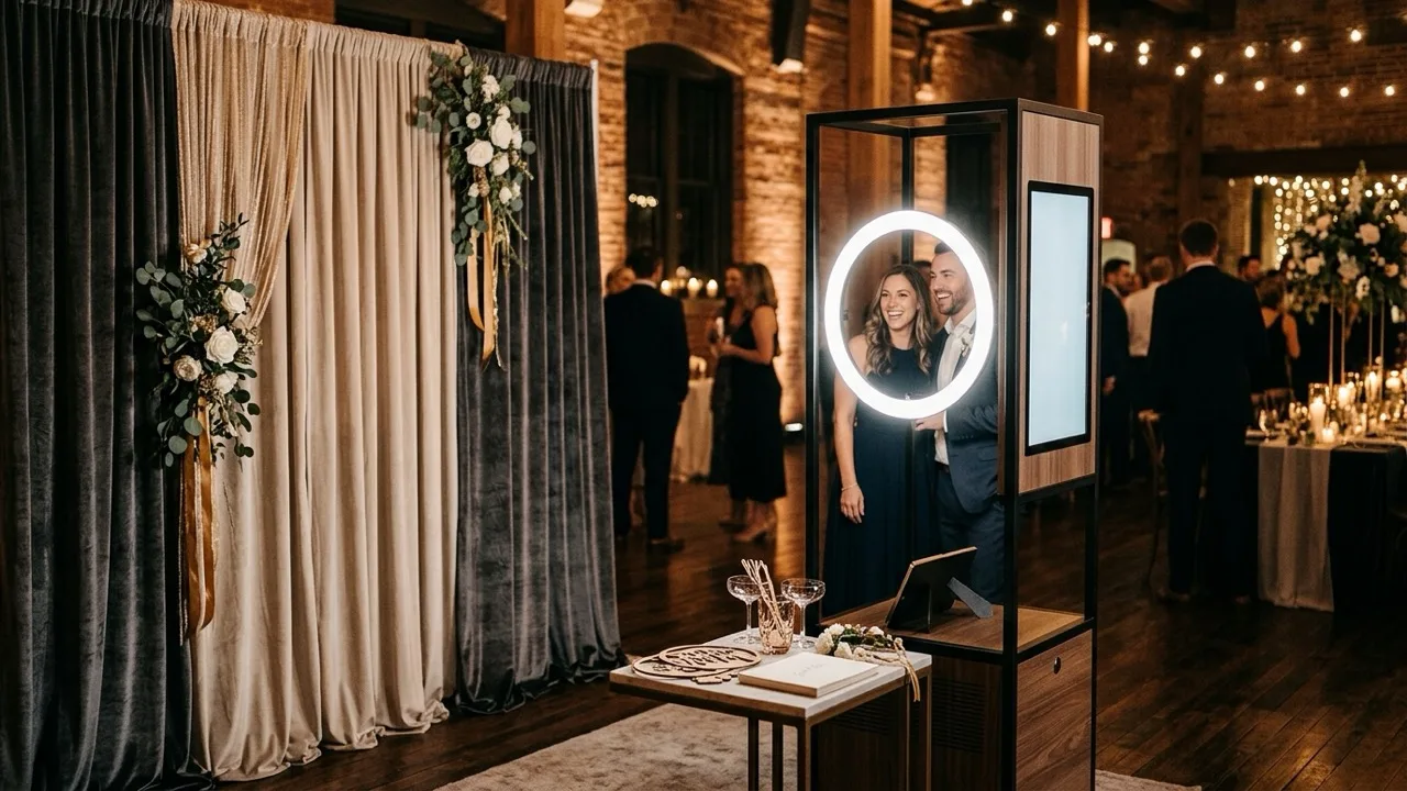 A modern photo booth setup at a wedding reception
