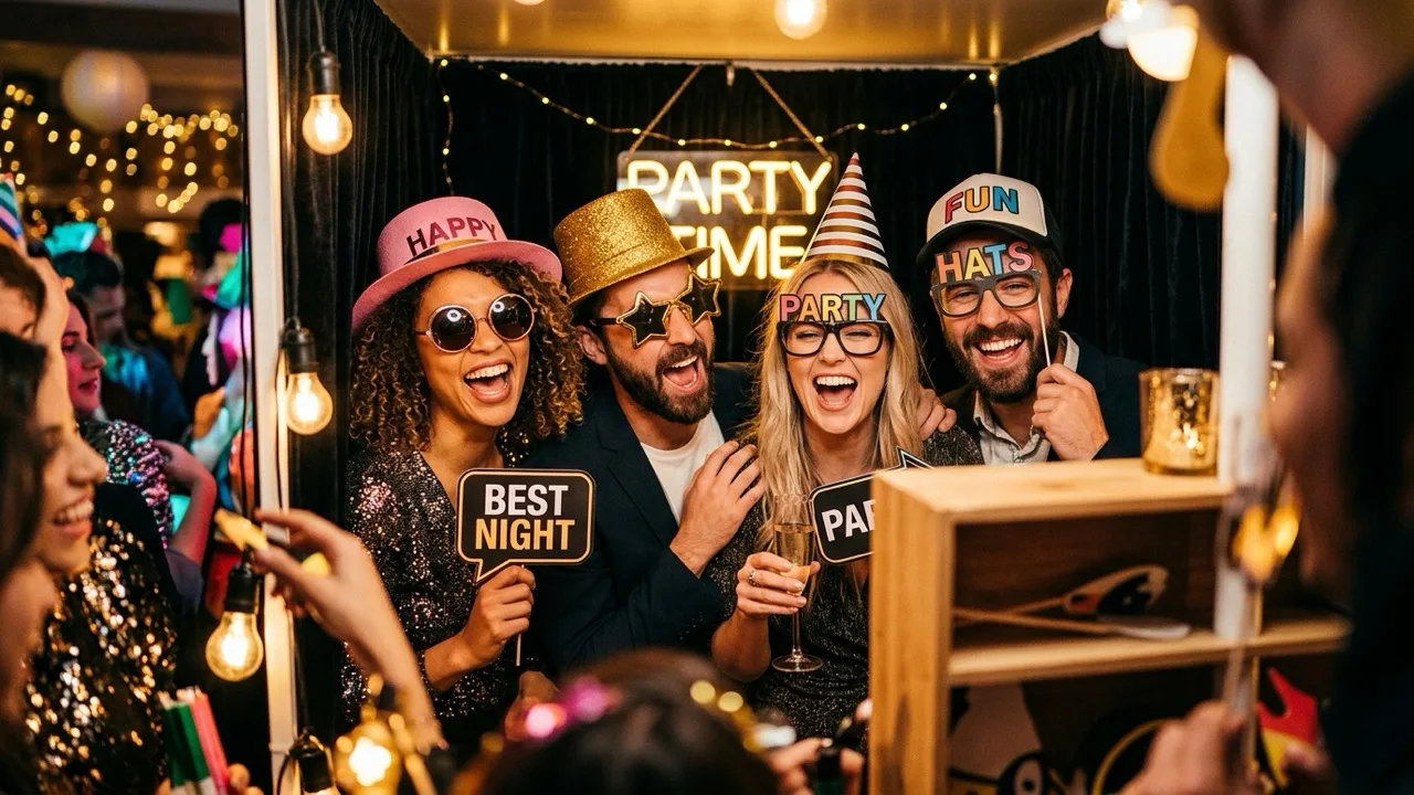 Friends using fun props in a photo booth